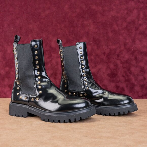 Roberto Cavalli Wmn Stud Black Leather Lug Platform Festival Boots 8.5US EUR39 - Picture 1 of 8
